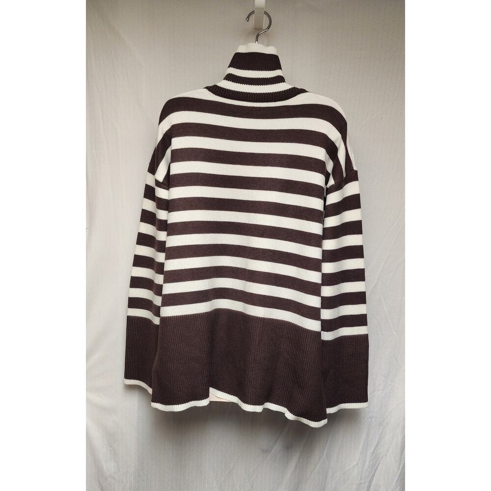 Women's Fashion Turtleneck Neck Striped Long Sleeve Brown/White Sweater Size XL - Picture 4 of 7